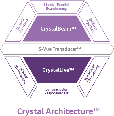 Crystal Architecture™, S-Vue Transducer™ - Massive Parallel Beamforming, Dynamic Waveform, Synthetic Aperture, Remastered 3D Rendering, Dynamic Color Responsiveness, Coherent 2D Processing