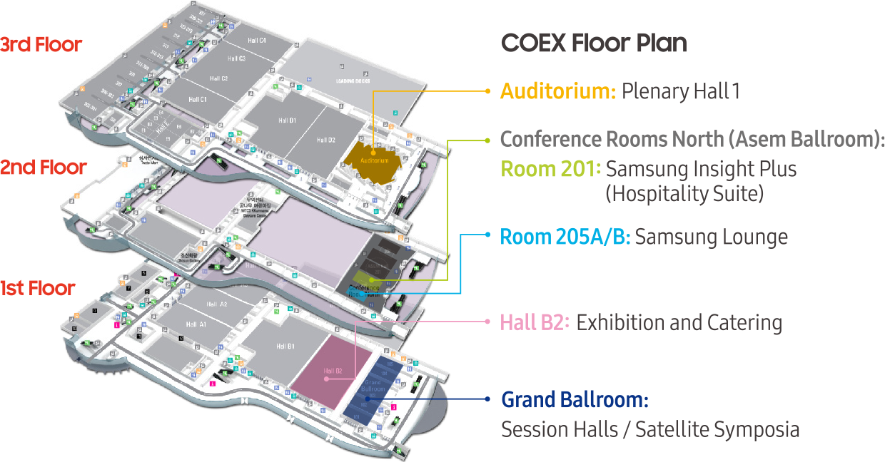 Coex Floor Plan/Conference Rooms North(Asem Ballroom)/1st Floor : Grand Ballroom - Session Halls/Satellite Symposia, Hall B2 - Exhibition and Catering/2nd Floor : Room 205A/B-Samsung Lounge, Room 201-Samsung Insight Plus(Hospitality Suite)