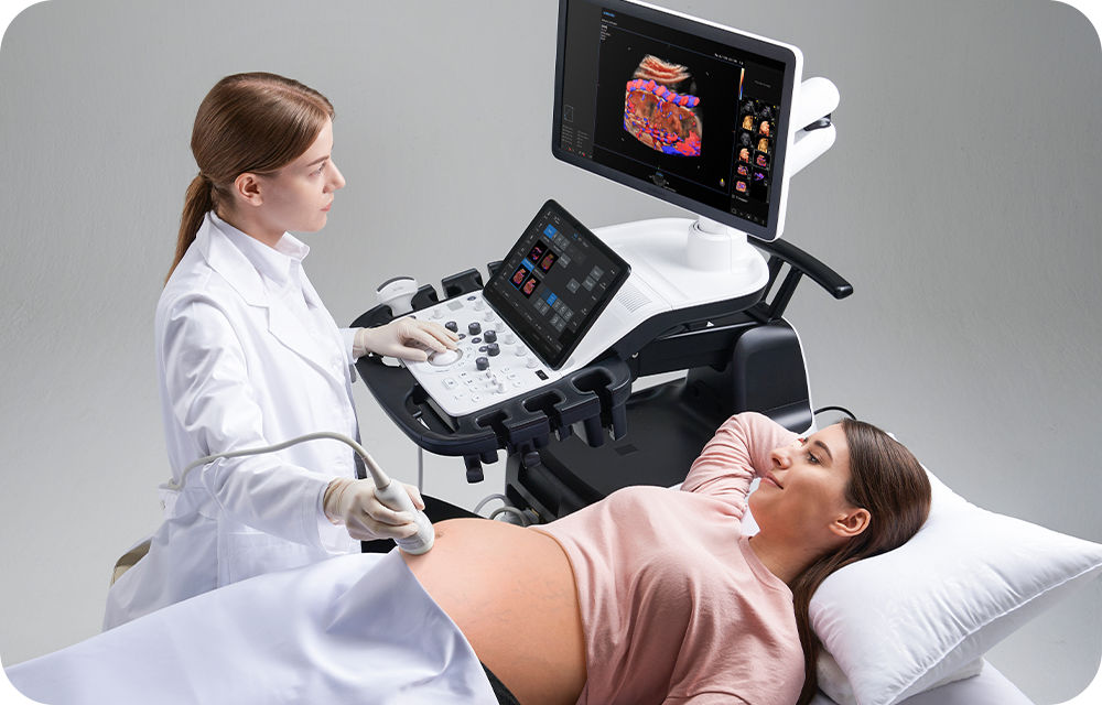 V7 ultrasound of a pregnant woman: Doctor with an ultrasound probe to scan a pregnant woman.
