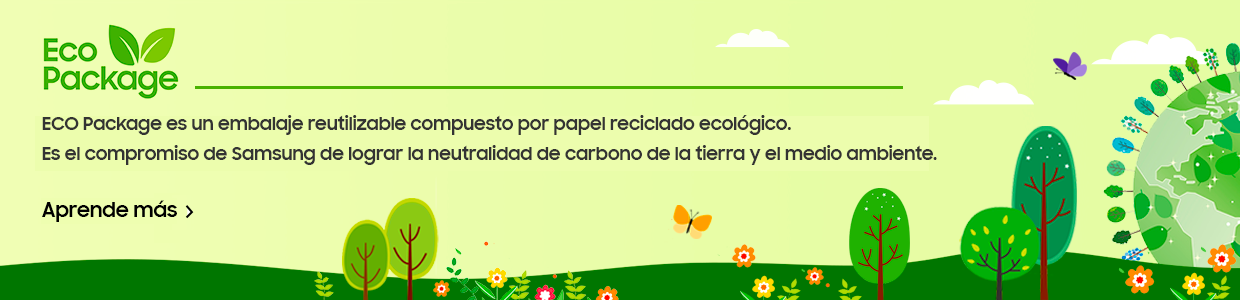 ECO Package es un embalaje reutilizable compuesto por papel reciclado ecológico.
                        Es el compromiso de Samsung de lograr la neutralidad de carbono de la tierra y el medio ambiente.
                        Aprende más