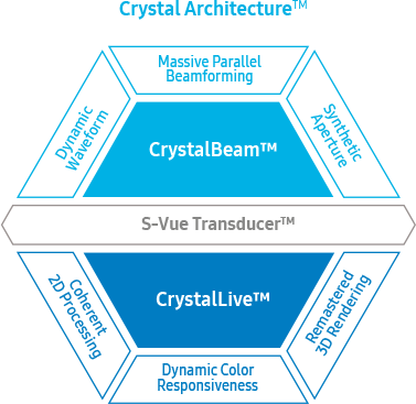 Crystal Architecture™ - S-Vue Transducer™ - CrystalBeam™: Dynamic Waveform, Massive Parallel Beamforming, Synthetic Aperture / CrystalLive™: Coherent 2D Processing, Dynamic Color Responsiveness, Remastered 3D Rendering