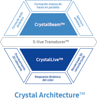 Crystal Architecture™, S-Vue Transducer™ - Dynamic Waveform,  Massive Parallel Beamforming, Synthetic Aperture, Remastered 3D Rendering, Dynamic Color Responsiveness, Coherent 2D Processing