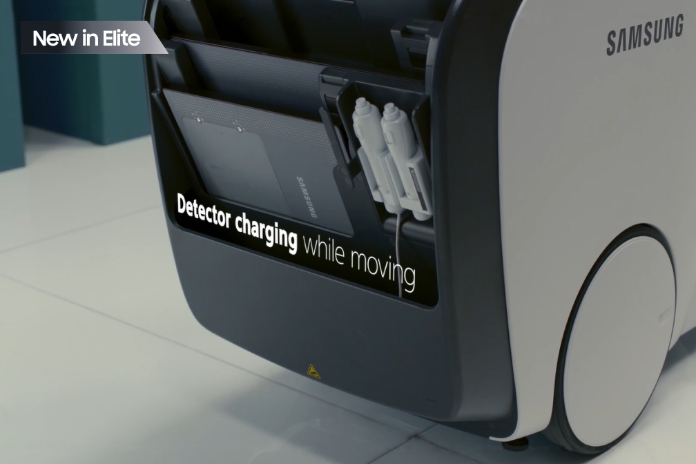 Close-up of the Detector in-bin charging module interface on the GM85 portable X-ray system.