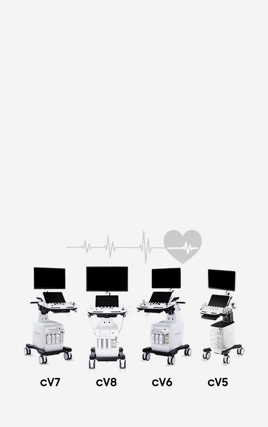 Samsung cV Ultrasound series lineup featuring cV5, cV6, cV7, and cV8 cardiovascular ultrasound machines with advanced diagnostic displays and heart monitoring technology