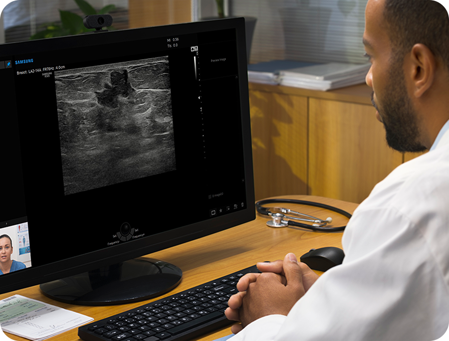 Samsung SonoSync real-time ultrasound live-streaming technology showing medical professional using remote controllability interface to access control panel and touch screen from smart device, enabling care guide and training between healthcare professionals with voice chatting and real-time marking capabilities