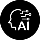 Icon of a human head with circuit lines and the letters AI, representing intelligent clinical tools powered by AI