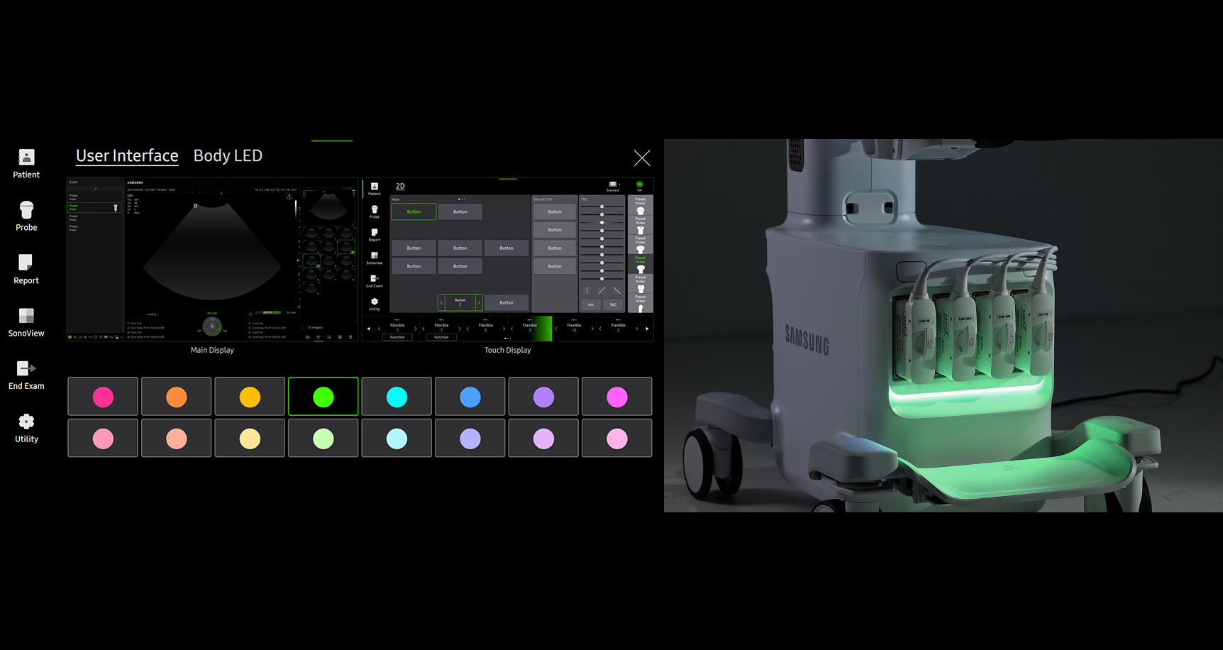 Image showing the MyTune interface on screen with customizable LED color settings and a Samsung ultrasound system base illuminated in green demonstrating personalized user environment and system settings for ease of use
