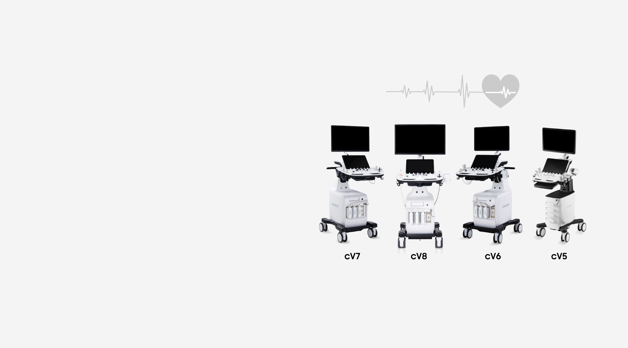 Samsung cV Ultrasound series lineup featuring cV5, cV6, cV7, and cV8 cardiovascular ultrasound machines with advanced diagnostic displays and heart monitoring technology