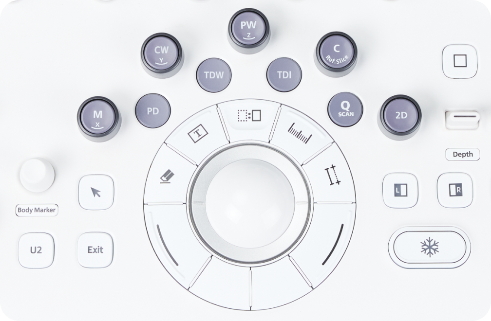 Intuitive control panel of Samsung cV Ultrasound system featuring easy-access cardiovascular mode buttons and ergonomic trackball design for efficient workflow