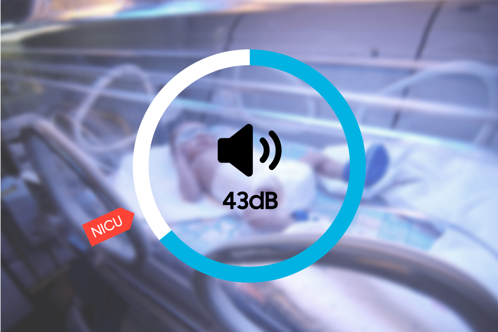 Close-up of noise level indicator showing 43dB quiet operation metric
